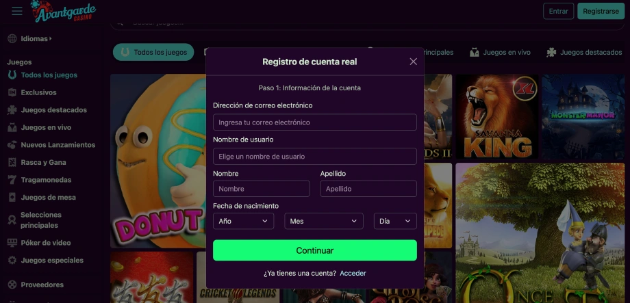 Registro de cuenta en el casino avantgarde